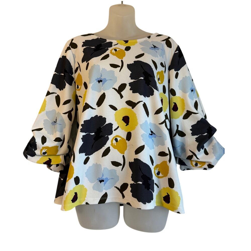 Ann Taylor Floral Blouse Size L Puff Sleeve Blue‎ Yellow Office Workwear Modern